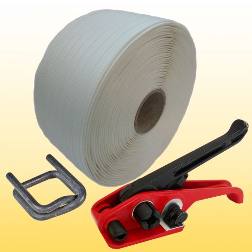 1 Rolle gewebtes Textil Polyesterband 19 mm, 1 Bandspanner, 150 Klemmen